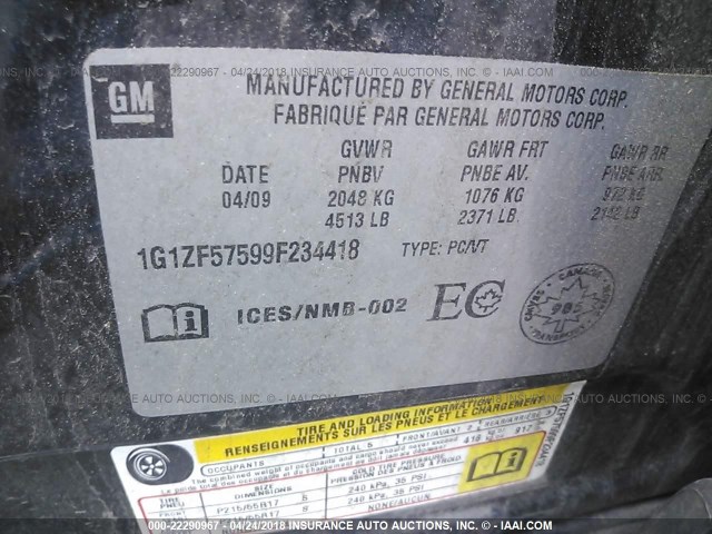 1G1ZF57599F234418 - 2009 CHEVROLET MALIBU HYBRID BLACK photo 9