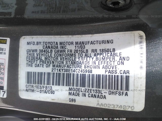 2T1KY38E14C245968 - 2004 TOYOTA COROLLA MATRIX XRS GRAY photo 9