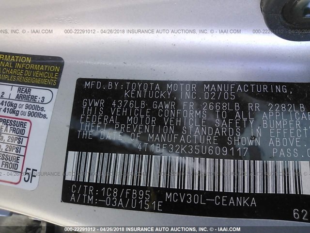 4T1BF32K35U609117 - 2005 TOYOTA CAMRY LE/XLE/SE ვერცხლისფერი ფოტო 9