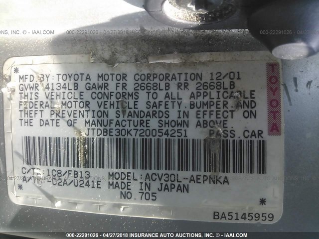 JTDBE30K720054251 - 2002 TOYOTA CAMRY LE/XLE/SE 银色 照片 9