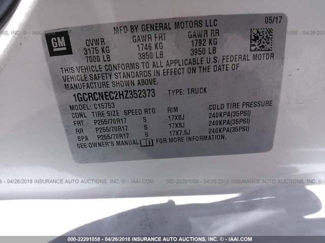 1GCRCNEC2HZ352373 - 2017 CHEVROLET SILVERADO C1500/C1500  LS WHITE photo 9