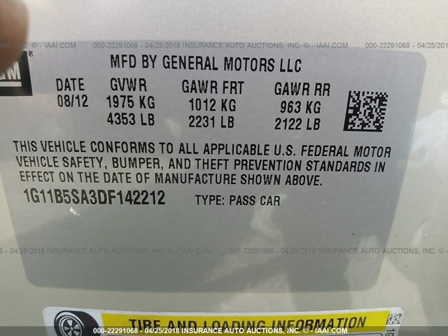 1G11B5SA3DF142212 - 2013 CHEVROLET MALIBU LS ოქროსფერი ფოტო 9