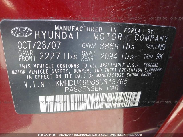 KMHDU46D88U348765 - 2008 HYUNDAI ELANTRA GLS/SE/LIMITED RED photo 9