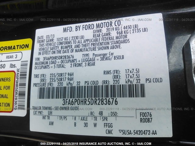 3FA6P0HR5DR283676 - 2013 FORD FUSION SE BLACK photo 9