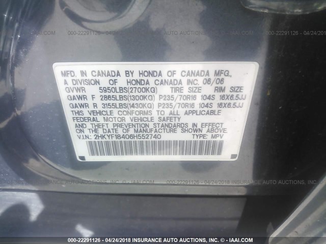 2HKYF18406H552740 - 2006 HONDA PILOT EX GRAY photo 9