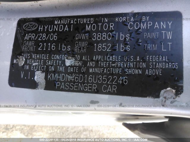 KMHDN46D16U352246 - 2006 HYUNDAI ELANTRA GLS/GT/LIMITED SILVER photo 9