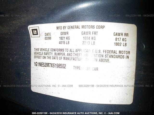 1G1NE52M7X6198502 - 1999 CHEVROLET MALIBU LS 蓝色 照片 9