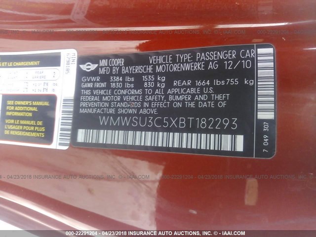 WMWSU3C5XBT182293 - 2011 MINI COOPER ORANGE photo 9