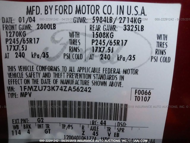 1FMZU73K74ZA56242 - 2004 FORD EXPLORER XLT/XLT SPORT/NBX RED photo 9