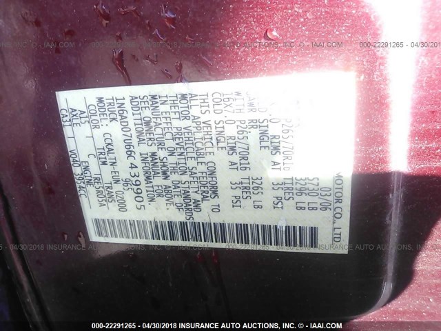 1N6AD07U66C439905 - 2006 NISSAN FRONTIER CREW CAB LE/SE/OFF ROAD RED photo 9