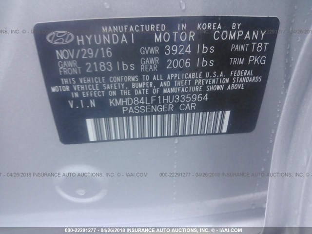 KMHD84LF1HU335964 - 2017 HYUNDAI ELANTRA SE/VALUE/LIMITED SILVER photo 9