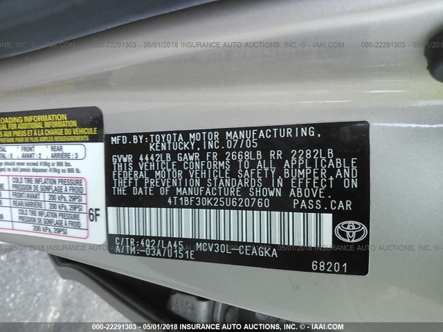 4T1BF30K25U620760 - 2005 TOYOTA CAMRY LE/XLE/SE 金色 照片 9