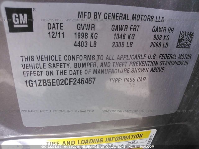 1G1ZB5E02CF246467 - 2012 CHEVROLET MALIBU LS 棕色 照片 9