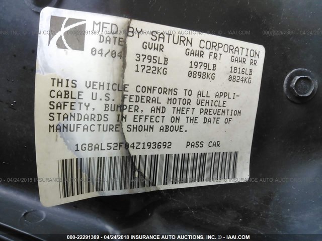 1G8AL52F04Z193692 - 2004 SATURN ION LEVEL 3 BLACK photo 9
