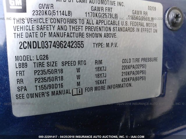 2CNDL037496242355 - 2009 CHEVROLET EQUINOX SPORT BLUE photo 9