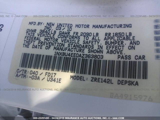 1NXBU4EE0AZ363803 - 2010 TOYOTA COROLLA S/LE/XLE WHITE photo 9