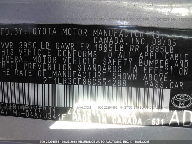 2T1LR30E86C551288 - 2006 TOYOTA COROLLA MATRIX XR SILVER photo 9