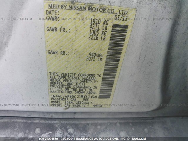 1N4AL3AP9DC280164 - 2013 NISSAN ALTIMA 2.5/S/SV/SL WHITE photo 9