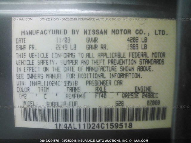 1N4AL11D24C159518 - 2004 NISSAN ALTIMA S/SL GREEN photo 9