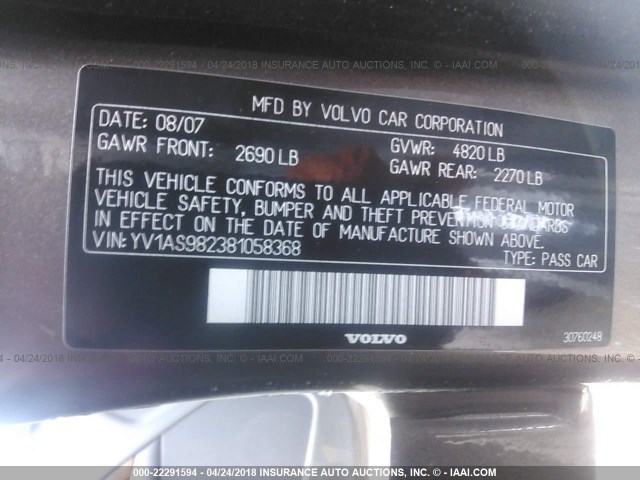 YV1AS982381058368 - 2008 VOLVO S80 3.2 GRAY photo 9