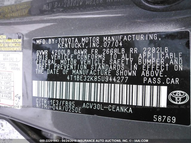 4T1BE32K85U944277 - 2005 TOYOTA CAMRY LE/XLE/SE GRAY photo 9