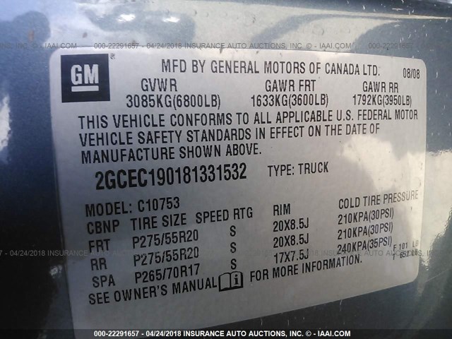 2GCEC190181331532 - 2008 CHEVROLET SILVERADO C1500 BLUE photo 9