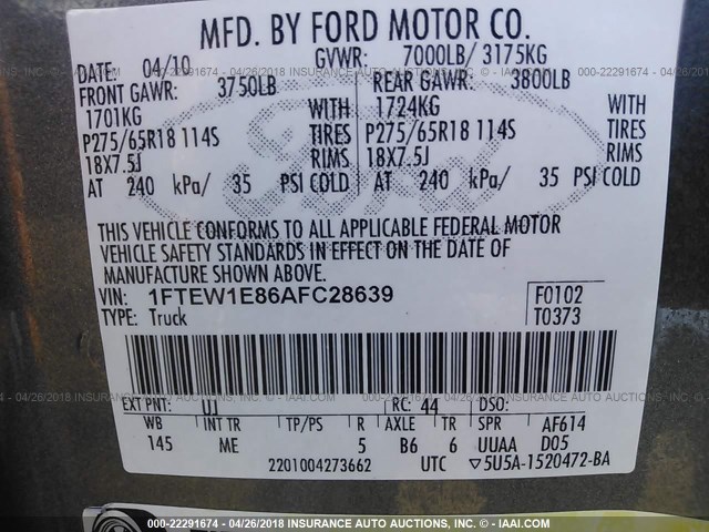 1FTEW1E86AFC28639 - 2010 FORD F150 SUPERCREW GRAY photo 9