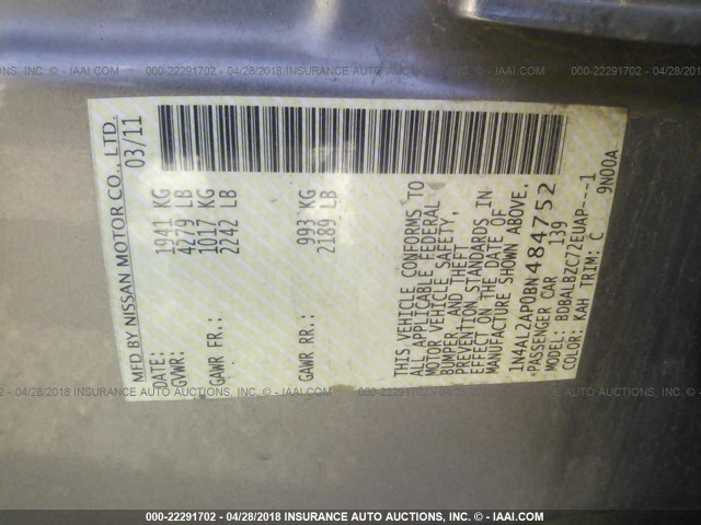 1N4AL2AP0BN484752 - 2011 NISSAN ALTIMA S SILVER photo 9