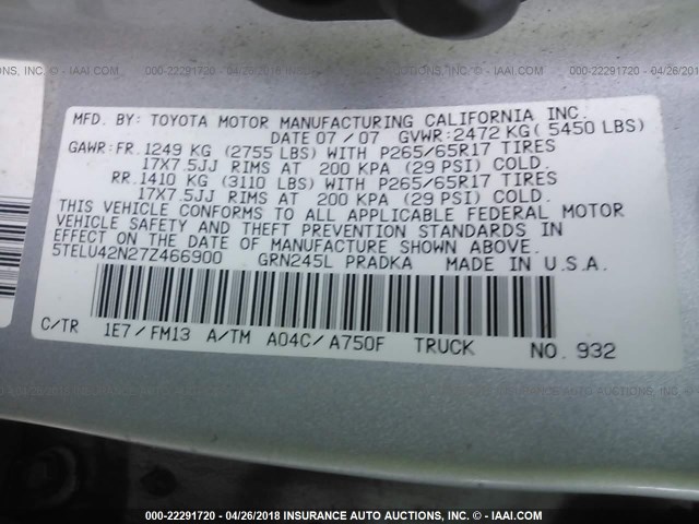 5TELU42N27Z466900 - 2007 TOYOTA TACOMA DOUBLE CAB ვერცხლისფერი ფოტო 9