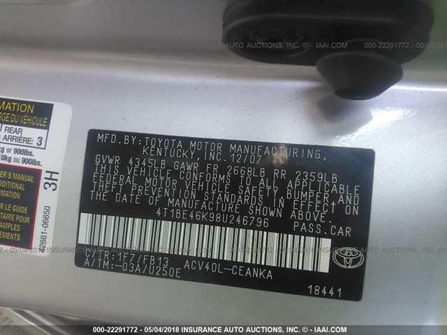 4T1BE46K98U246796 - 2008 TOYOTA CAMRY CE/LE/XLE/SE SILVER photo 9