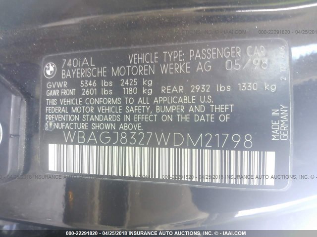 WBAGJ8327WDM21798 - 1998 BMW 740 IL BLACK photo 9