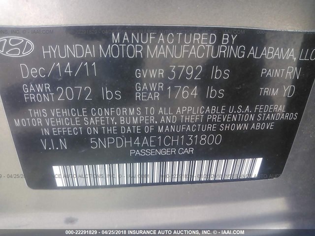 5NPDH4AE1CH131800 - 2012 HYUNDAI ELANTRA GLS/LIMITED TAN photo 9