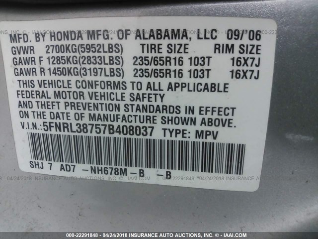 5FNRL38757B408037 - 2007 HONDA ODYSSEY EXL GRAY photo 9