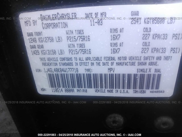 1J4GL48K84W177718 - 2004 JEEP LIBERTY SPORT 黑色 照片 9