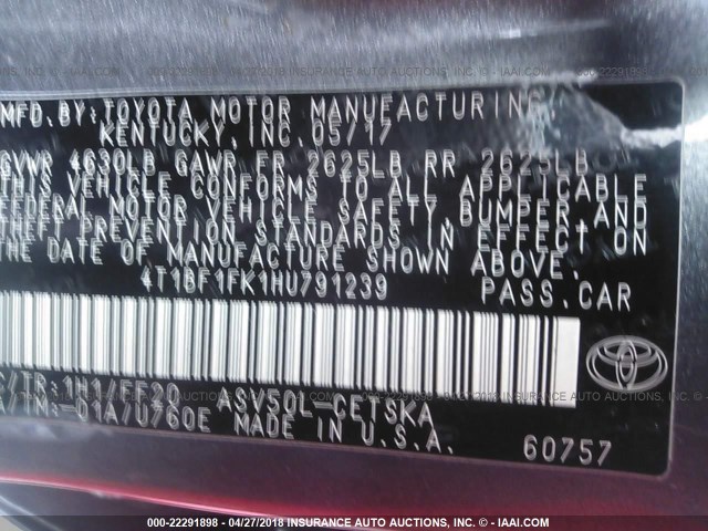 4T1BF1FK1HU791239 - 2017 TOYOTA CAMRY LE/XLE/SE/XSE BLACK photo 9