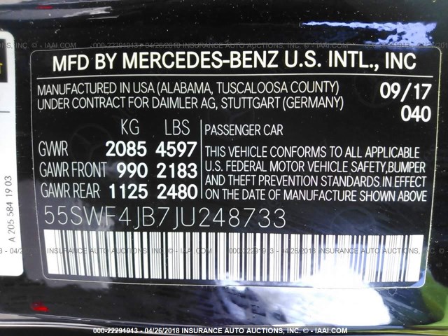 55SWF4JB7JU248733 - 2018 MERCEDES-BENZ C 300 BLACK photo 9