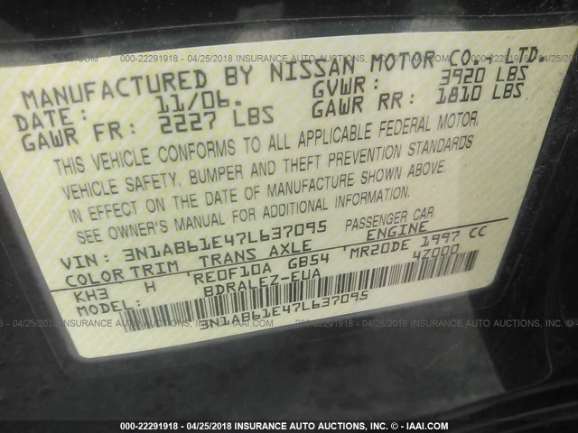 3N1AB61E47L637095 - 2007 NISSAN SENTRA 2.0/2.0S/2.0SL BLACK photo 9