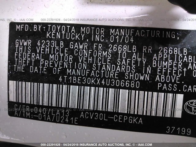 4T1BE30KX4U306680 - 2004 TOYOTA CAMRY LE/XLE/SE 白色 照片 9