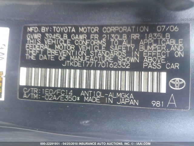 JTKDE177170162332 - 2007 TOYOTA SCION TC 蓝色 照片 9