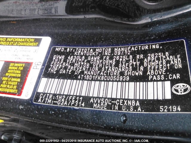 4T1BD1FK8CU050939 - 2012 TOYOTA CAMRY HYBRID/LE/XLE 深蓝色 照片 9