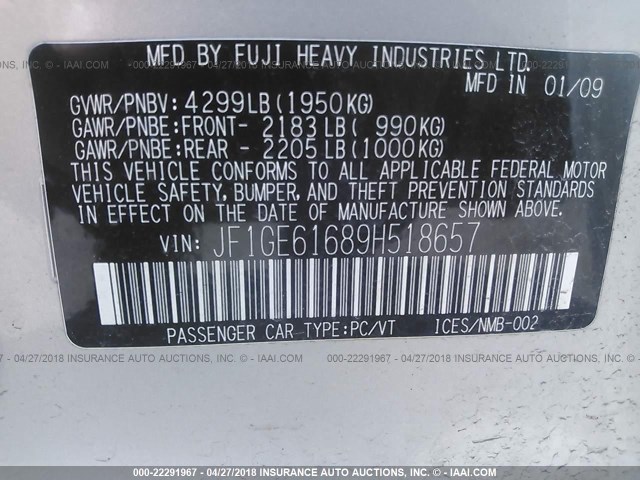 JF1GE61689H518657 - 2009 SUBARU IMPREZA 2.5I SILVER photo 9