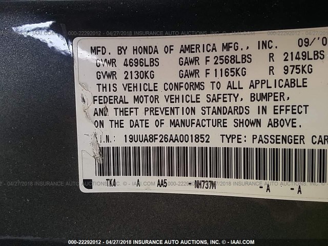 19UUA8F26AA001852 - 2010 ACURA TL GRAY photo 9