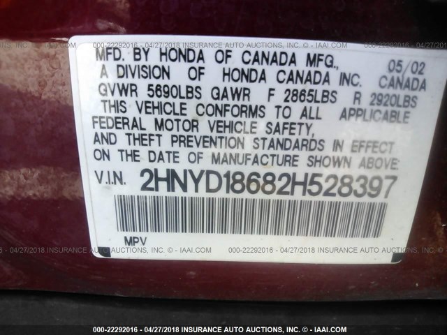 2HNYD18682H528397 - 2002 ACURA MDX TOURING RED photo 9