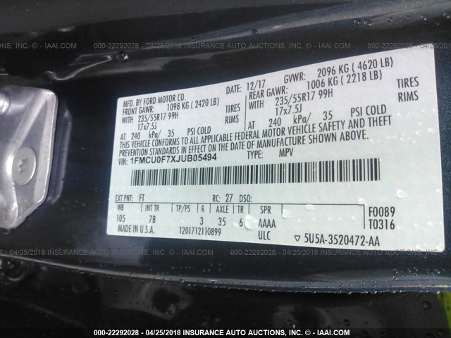 1FMCU0F7XJUB05494 - 2018 FORD ESCAPE S BLUE photo 9