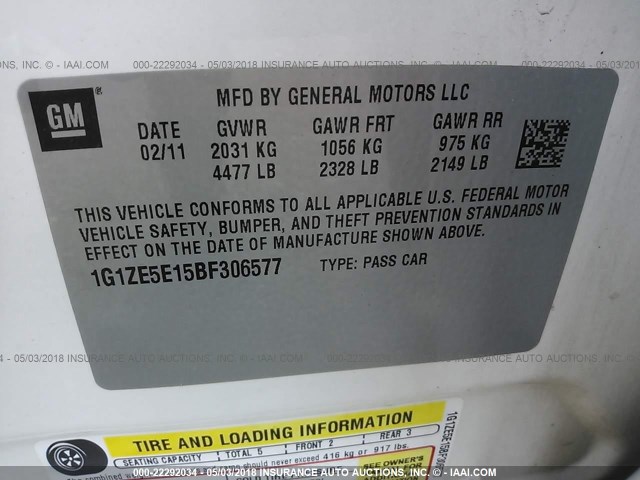 1G1ZE5E15BF306577 - 2011 CHEVROLET MALIBU LTZ WHITE photo 9