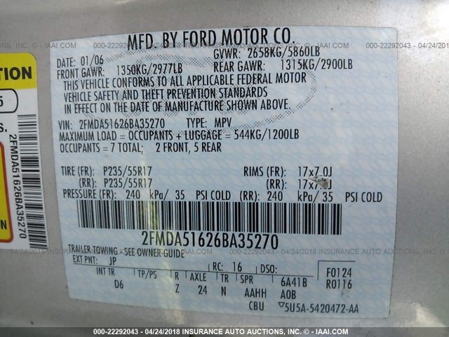 2FMDA51626BA35270 - 2006 FORD FREESTAR SE SILVER photo 9