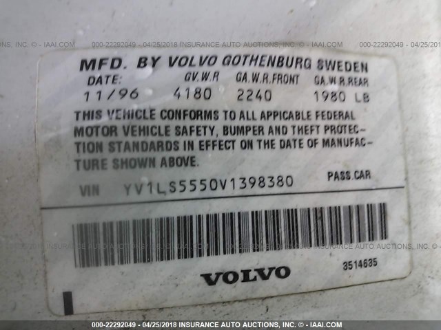 YV1LS5550V1398380 - 1997 VOLVO 850 WHITE photo 9