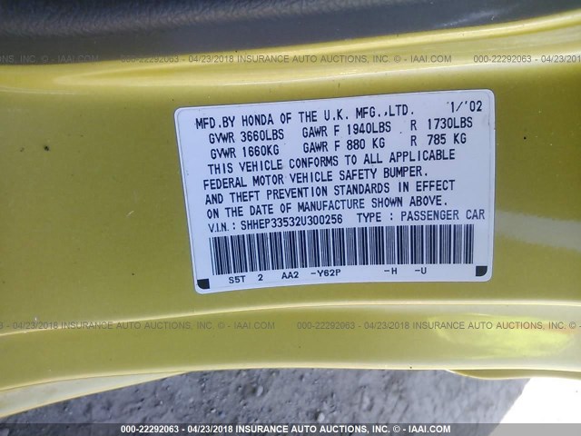 SHHEP33532U300256 - 2002 HONDA CIVIC SI YELLOW photo 9