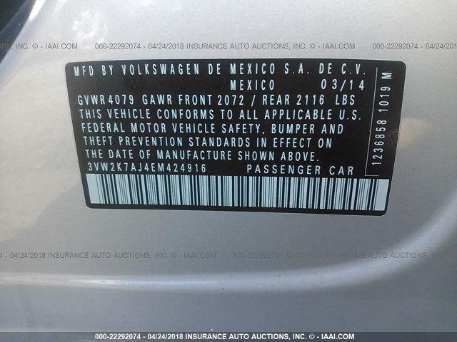 3VW2K7AJ4EM424916 - 2014 VOLKSWAGEN JETTA S 银色 照片 9