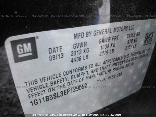 1G11B5SL3EF129592 - 2014 CHEVROLET MALIBU LS 黑色 照片 9